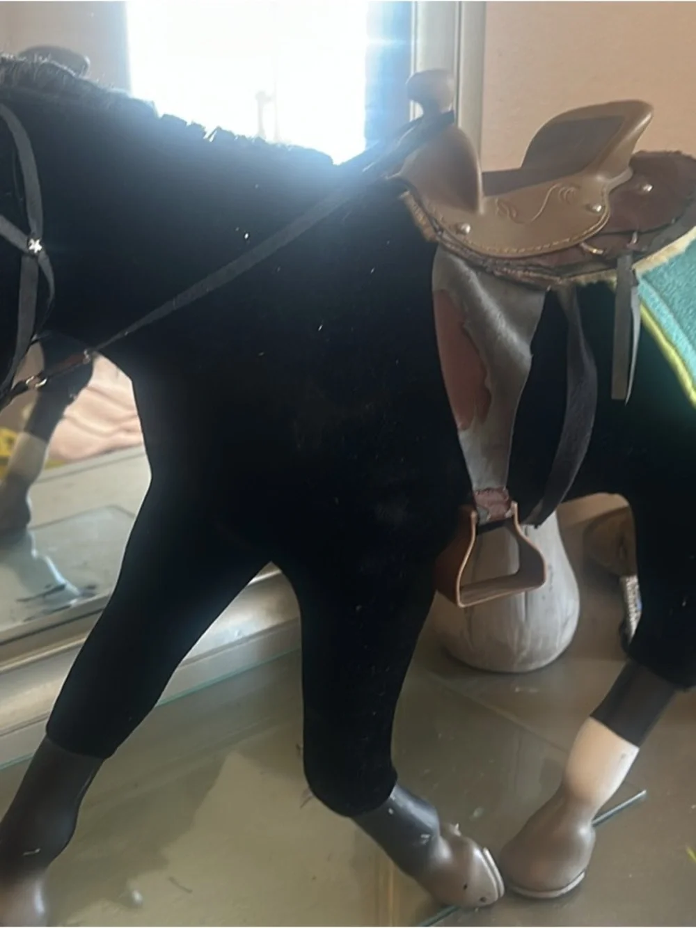 American Girl Black Model Horse with Brown Saddle and Teal Blanket Accent